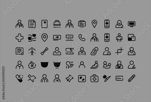 Collection of medical and healthcare related outline icons representing doctors patients and various health services and equipment on a gray background