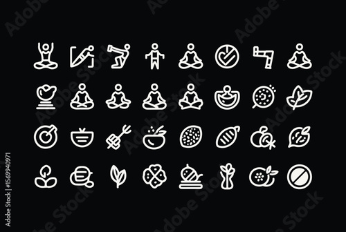 Collection of abstract white line art icons representing yoga meditation healthy food fruits vegetables and fitness activities on a black background