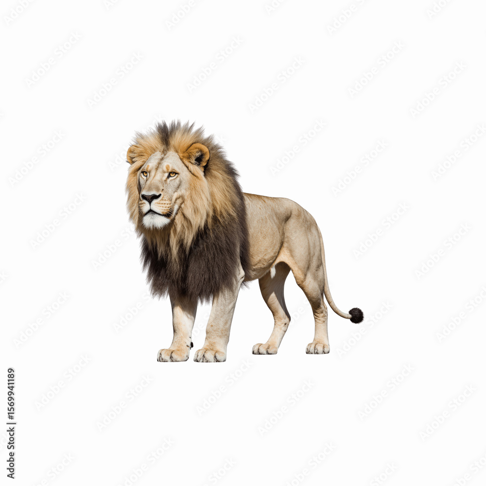 Obraz premium Majestic Male Lion: A powerful male lion, with a magnificent dark mane, stands proudly against a plain background, radiating strength and authority.