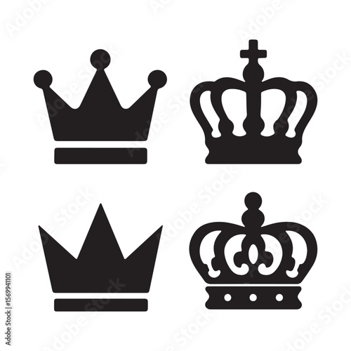 Four Simple Black Crown Icons: Royalty, Power, Leadership, Success