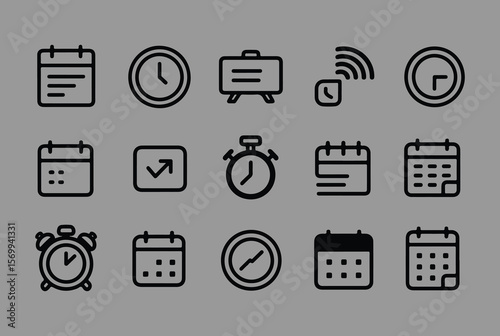 Collection of simple black outline icons representing time management and scheduling concepts against a neutral gray background