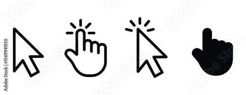 Gray computer mouse click cursor icon set, vector arrows and loading symbols for interface design

