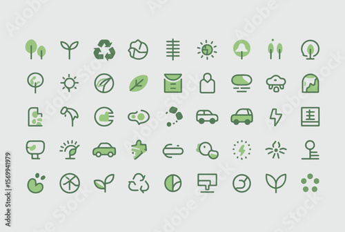 Collection of green eco friendly icons representing nature sustainability renewable energy and environmental protection concepts