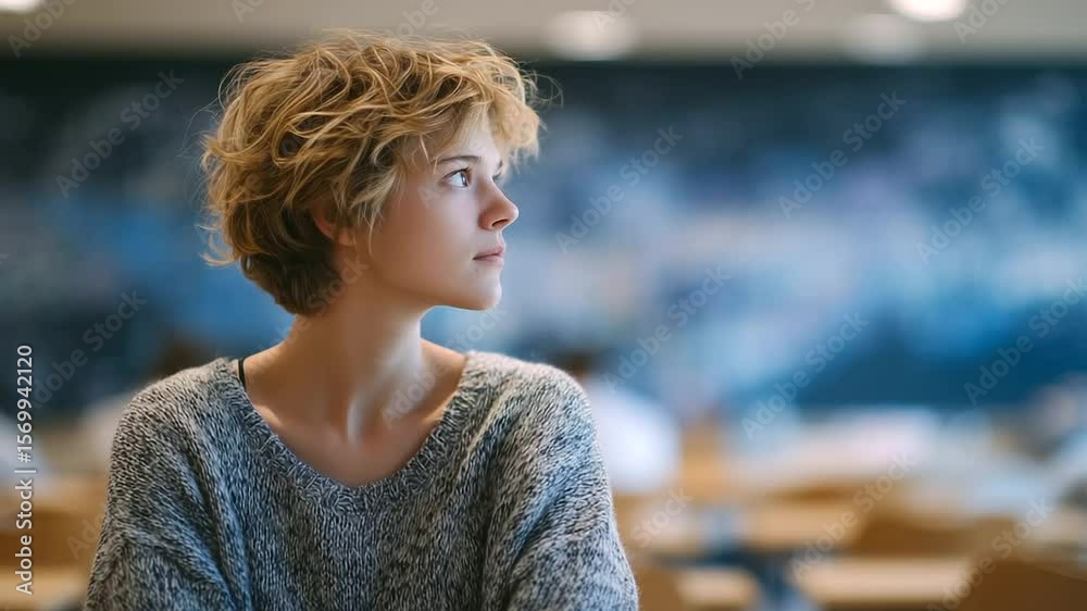 Anxious student with disheveled hair stares blankly at chalkboard filled with scribbled notes, empty chairs around her amplifying loneliness during class break.