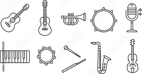  Classic Musical Instrument Icons: Guitar, Trumpet, Saxophone, and Percussion Line Art Set.