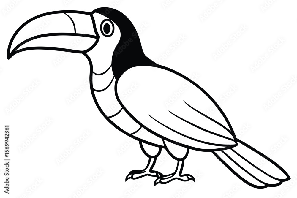 Obraz premium Illustrated Line Art Toucan Standing, Featuring Prominent Beak, Head, and Legs Detailed Outline