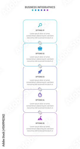Vertical progress bar featuring 5 arrow-shaped elements, symbolizing the five stages of business strategy and progression. Clean timeline infographic design template. Vector for mobile presentation.