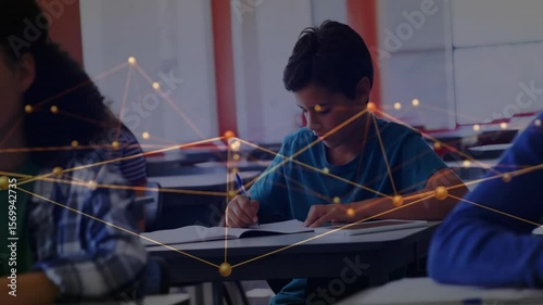 Camera zooming right, focusing student writing classroom exam answers as animated nodes pulsing