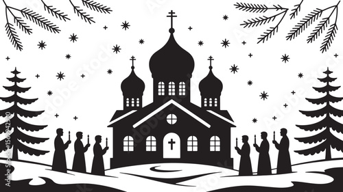 Majestic Church Building Silhouette under Winter Sky with Worshippers: Faith and Community Vector.

