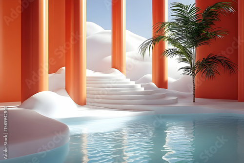Serene Poolside Oasis with Orange Columns, White Steps, and a Pa
