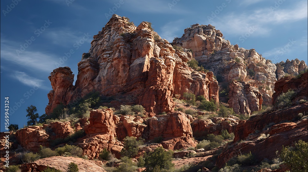 Fototapeta premium View of a rocky mountain formation with sparse vegetation under a blue sky on a sunny day outdoors