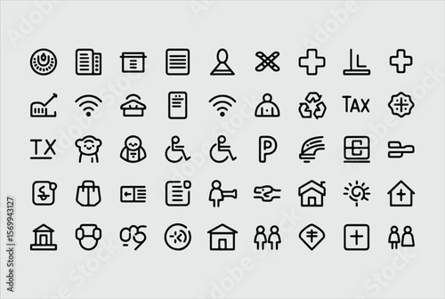 A comprehensive collection of diverse outline icons representing various concepts including technology business healthcare and personal services for digital interfaces