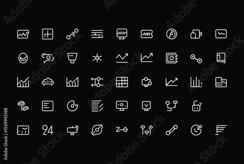 A collection of modern minimalist white line icons on a black background representing business analytics data charts and technology symbols