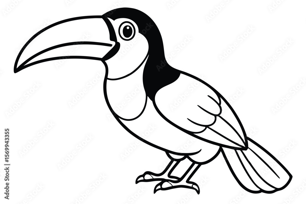 Obraz premium Black and White Outlined Toucan with Large Bill, Standing, Cartoon Drawing Style