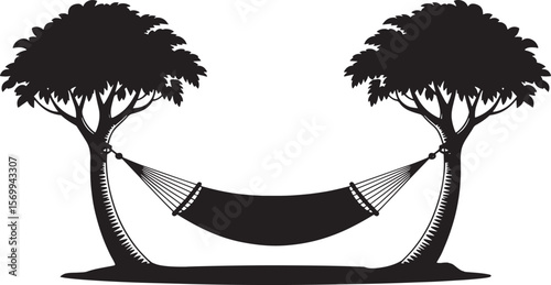 Relaxing Hammock and Trees Silhouette: Peaceful Outdoor Nature Retreat Vector.