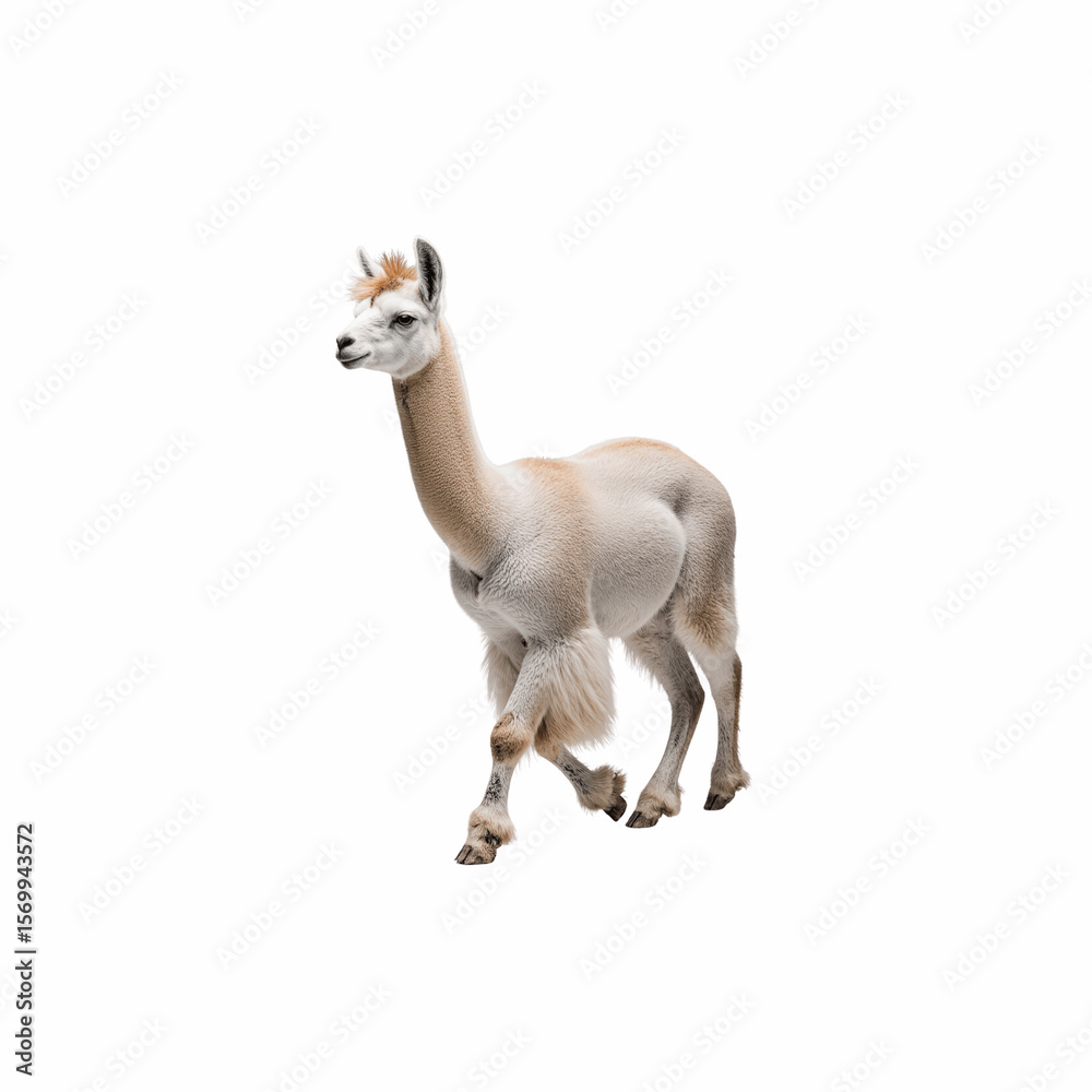Obraz premium Alpaca in motion: Captivating image of an alpaca gracefully navigating a field, with detailed rendering in a simple shot of its majestic form, embodying serenity and gentleness.