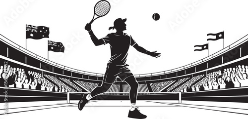 Dynamic Tennis Player Silhouette: Athlete in Action on Court Vector Illustration.
