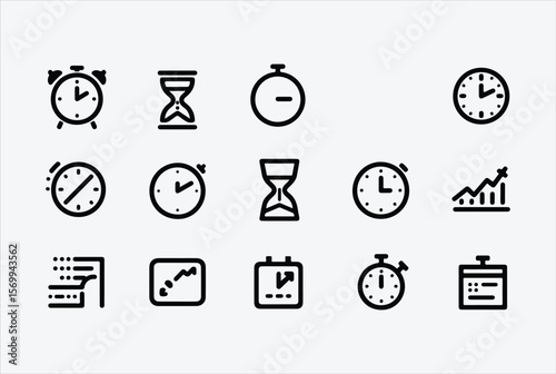 Collection of simple black line art icons representing time management scheduling and analytics with clocks hourglasses stopwatches and charts