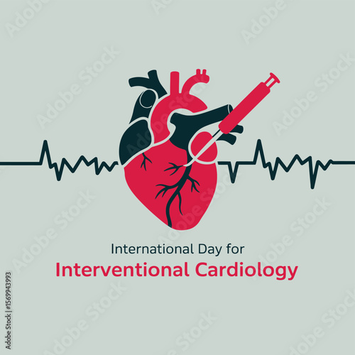 International Day for Interventional Cardiology Graphic Featuring a Heart, Stent, and ECG Line on a Light Gray Background
