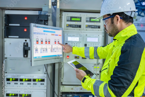Konstfotografi Electrical engineer woman checking voltage at the Power Distribution Cabinet in