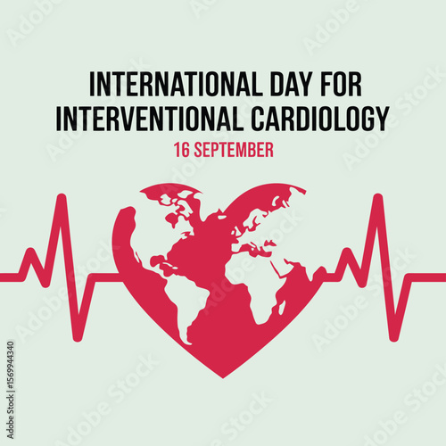 International Day for Interventional Cardiology Graphic with World Map Heart and Red Heartbeat Line on Light Green Background for Medical Awareness and Global Health Support