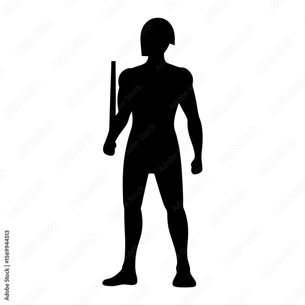 Fototapeta premium Silhouette of a soldier with helmet standing holding a baton for security