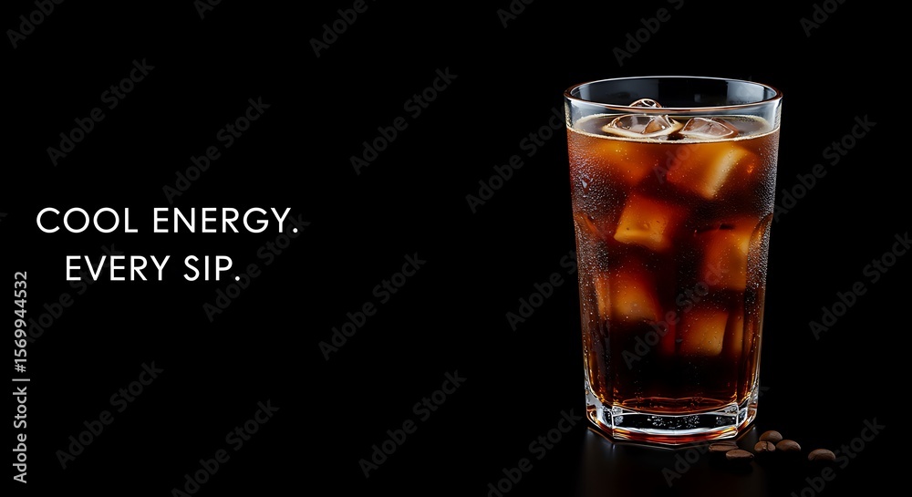 Iced beverage in glass with ice cubes on black background Iced beverage in glass with ice cubes on black background