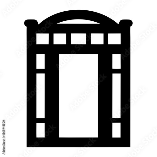 Stylized black silhouette of a tall cabinet with arched top and insets