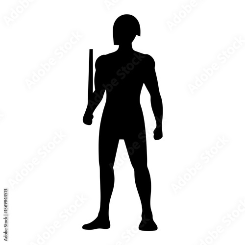 Silhouette of a soldier with helmet standing holding a baton for security