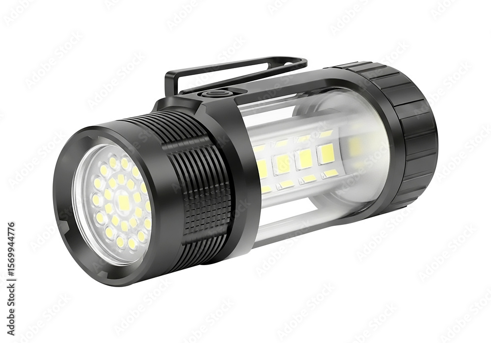Black LED flashlight isolated on white background for lighting or emergency use Black LED flashlight isolated on white background for lighting or emergency use