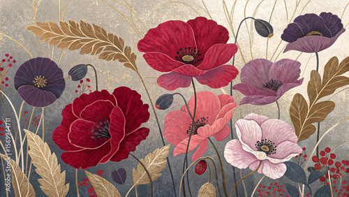 Elegant floral arrangement of poppies and berries with gold accents