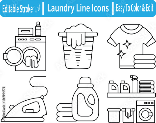 Laundry line icon set. Includes washer, iron, detergent, basket, clean shirt, folded towel, and soap bottles. Editable stroke and easy to color. Vector icon sheet.