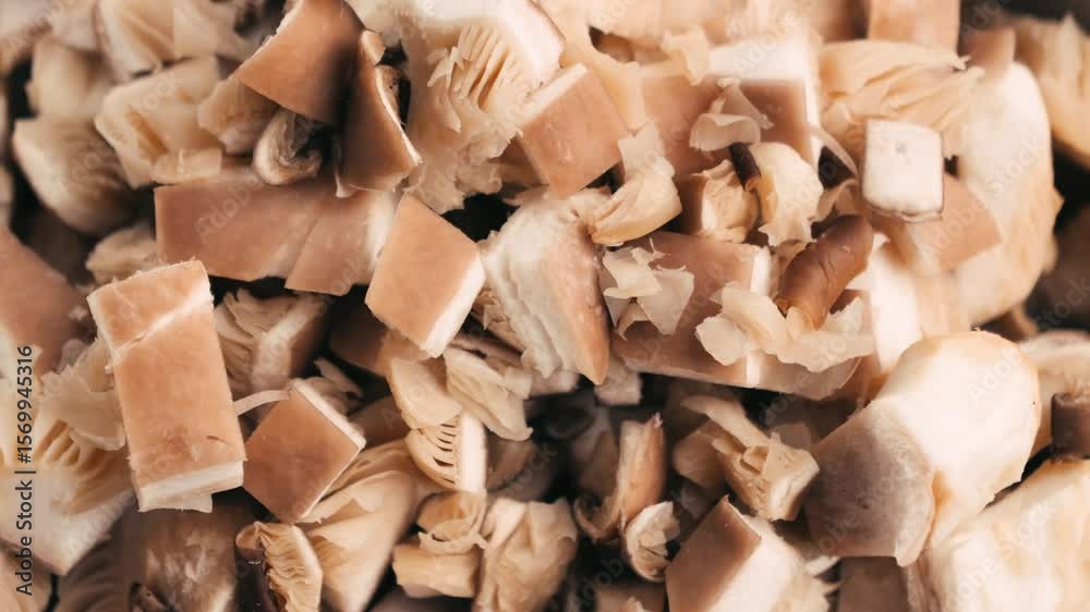 Fresh Royal oyster mushrooms, chef cooking on a wooden cutting board with knife in cafe asian restaurant kitchen, vibrant scene of food preparation