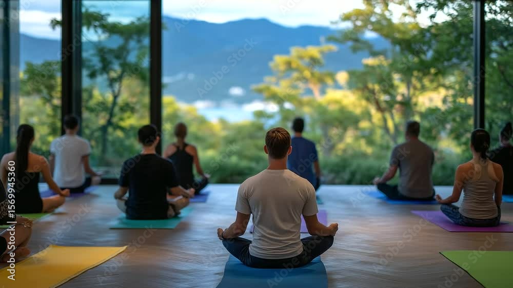 Diverse group practicing seated meditation on colorful mats, lotus posture aligned, large room filled with soft daylight, lush green mountains and valley visible beyond open window