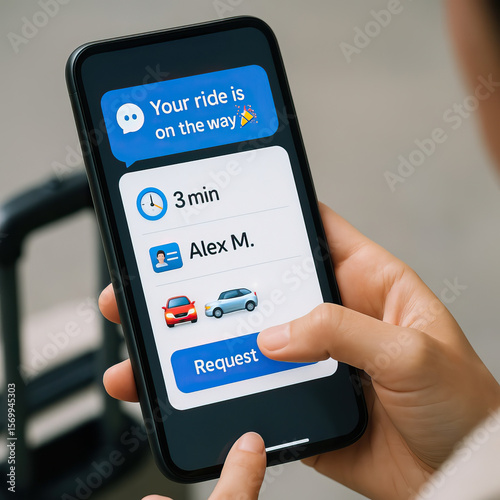 Ride notification smartphone app hand holding phone transportation service car icons request button waiting time user interface digital communication travel alert