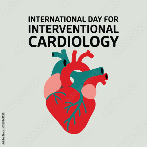 Celebrating International Day for Interventional Cardiology A Vibrant Graphic Illustration of a Human Heart, Promoting Awareness and Healthcare on Light Gray Background.