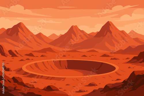 Martian landscape with red mountains and large crater. Modern flat vector cartoon illustration. Scenery of an alien planet's surface. Space exploration, sci-fi background.