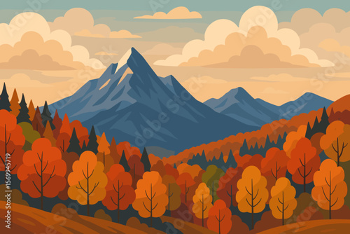 Mountain autumn landscape with a colorful fall forest and snow peaks. Scenic panoramic nature view with hills, trees, and clouds. Modern flat style vector illustration background.