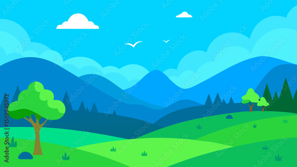 Fototapeta premium Tranquil Summer Landscape with Blue Mountains and Green Fields