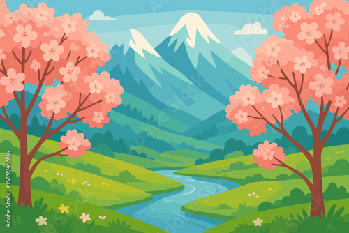 Spring landscape with Japanese cherry blossoms. Sakura trees in bloom by a river. Scenic mountain valley background with snow peaks. Flat cartoon vector nature illustration.