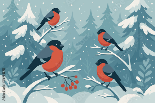 Bullfinches in a winter forest. Beautiful Christmas wildlife scene with birds on snowy branches and red berries. Modern flat vector cartoon nature illustration background.
