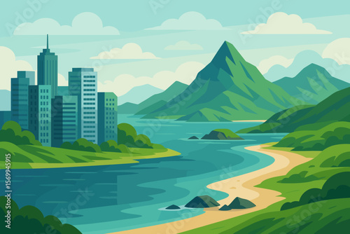 Scenic coastal city landscape with business district skyscrapers by the sea. Vector illustration of an urban environment next to green mountains, a bay, and a sandy beach.