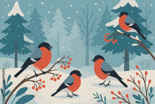 Winter landscape with bullfinch birds sitting on a branch with red berries in a snowy forest. Christmas holiday wildlife scene. Modern flat cartoon vector illustration.