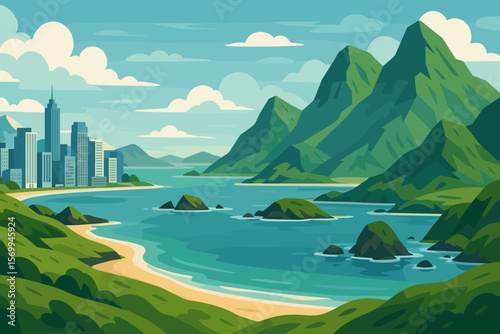 Coastal city landscape with modern business district and mountains. Vector illustration of a metropolis by the sea bay. Scenic summer view with sandy beach, islands, and green hills.