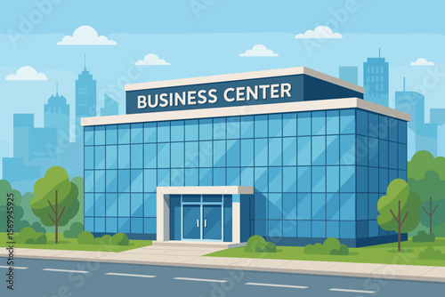 Modern office building with glass facade. Business center or corporate headquarters exterior on a city street. Urban cityscape background. Vector cartoon flat design illustration.
