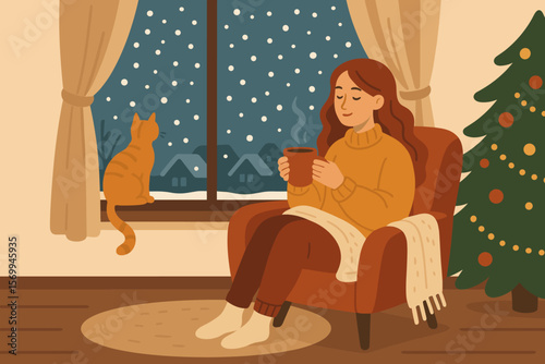 Christmas holiday scene. Woman relaxing in cozy chair with coffee by the window. Cat on windowsill watching snow. Winter hygge lifestyle. New Year home comfort concept.