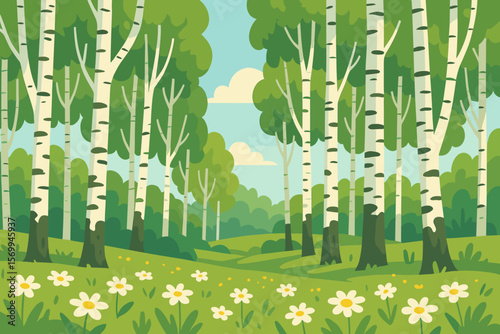 Birch forest landscape vector. Summer spring scene with green meadow, chamomile flowers and birch trees. Beautiful natural park woodland background in a flat cartoon art style.