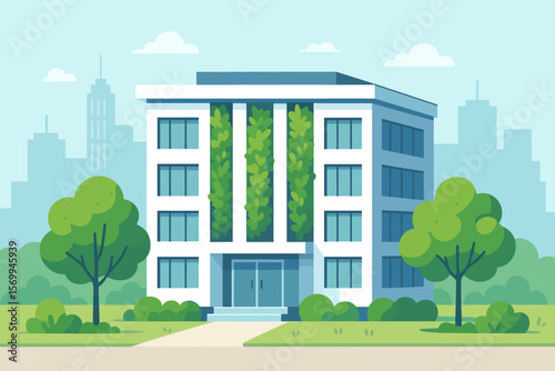 Green building concept with vertical garden wall. Eco-friendly office or hospital in an urban city park with trees. Sustainable modern architecture vector illustration flat cartoon.