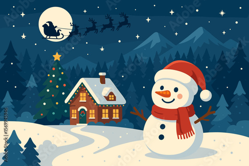 Christmas Eve winter landscape with snowman and festive house. Santa on his sleigh with reindeer flying over a snowy forest and mountains. Holiday vector illustration.