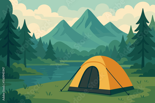 Camping tent in mountain landscape near lake and forest. Outdoor adventure, hiking, and travel concept. Summer vacation in the wilderness. Scenic nature background vector.